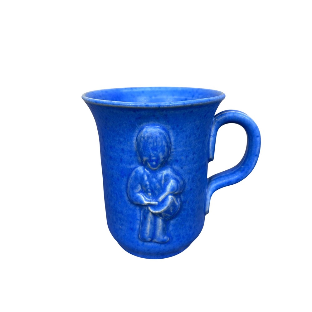 Blue Ceramic Mug Boy Figurine Embossed Textured‎ Stoneware Coffee Cup Vintage